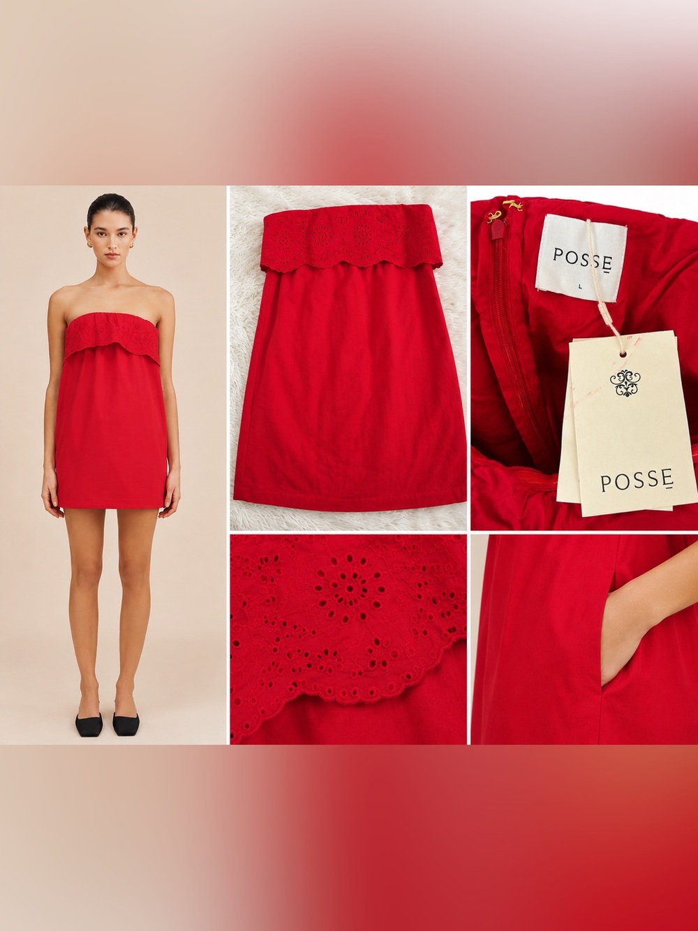 NWT POSSE Beryl Strapless Mini Dress Pockets Ruby Red Cotton Eyelet Lined L - Picture 1 of 12